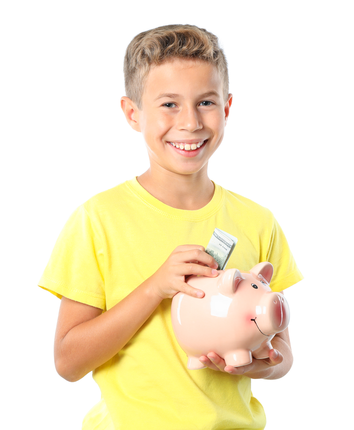 Kid with his piggy bank excited to start his Youth Savings account.