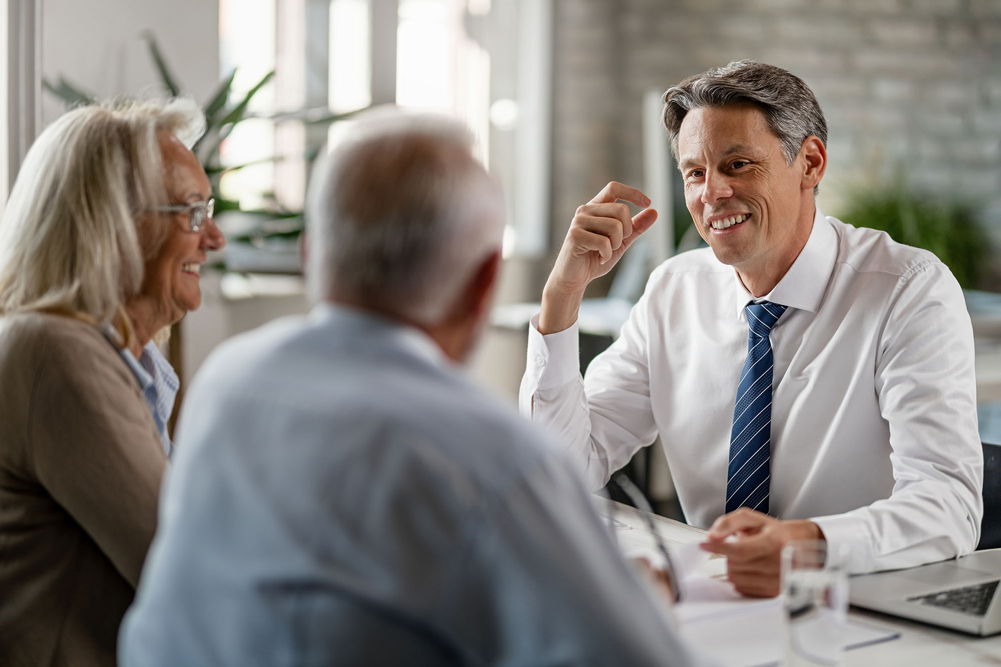 Happy financial advisor having consultations with senior couple